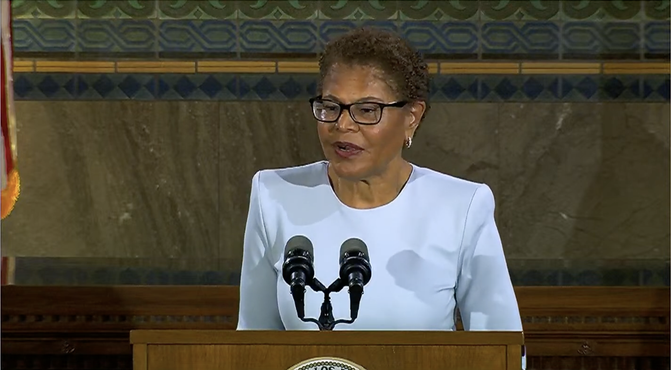 os Angeles Mayor Karen Bass delivering her third State of the City address today. Photo courtesy of State by the City 2025